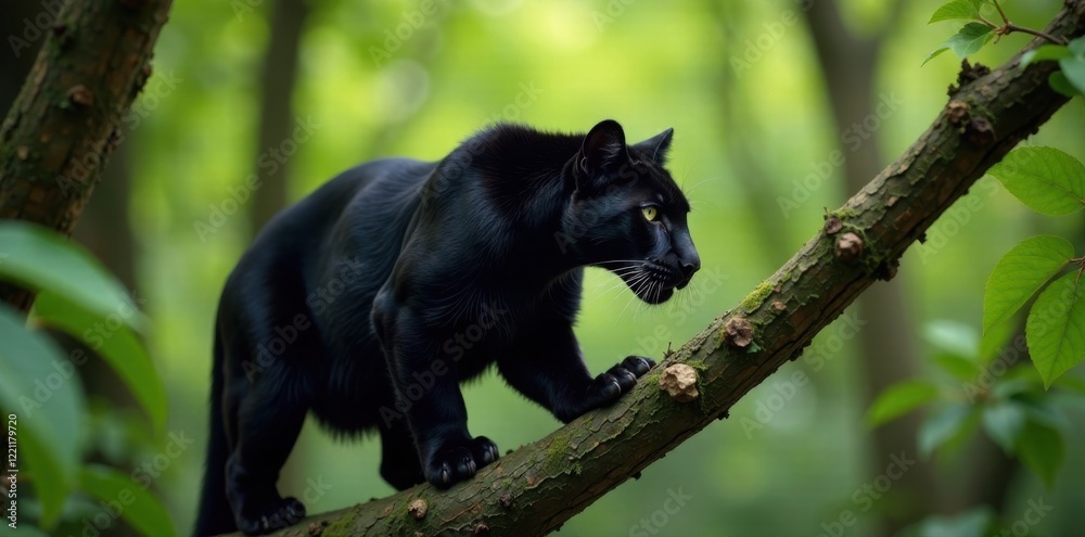 Obraz premium Black panther in tree branch, wildlife, dark cat