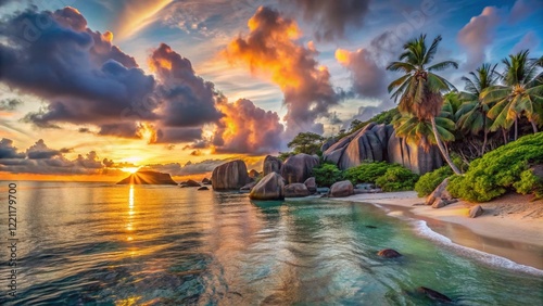 Sunset panorama at Anse Source d'Argent beach, La Digue, Seychelles

