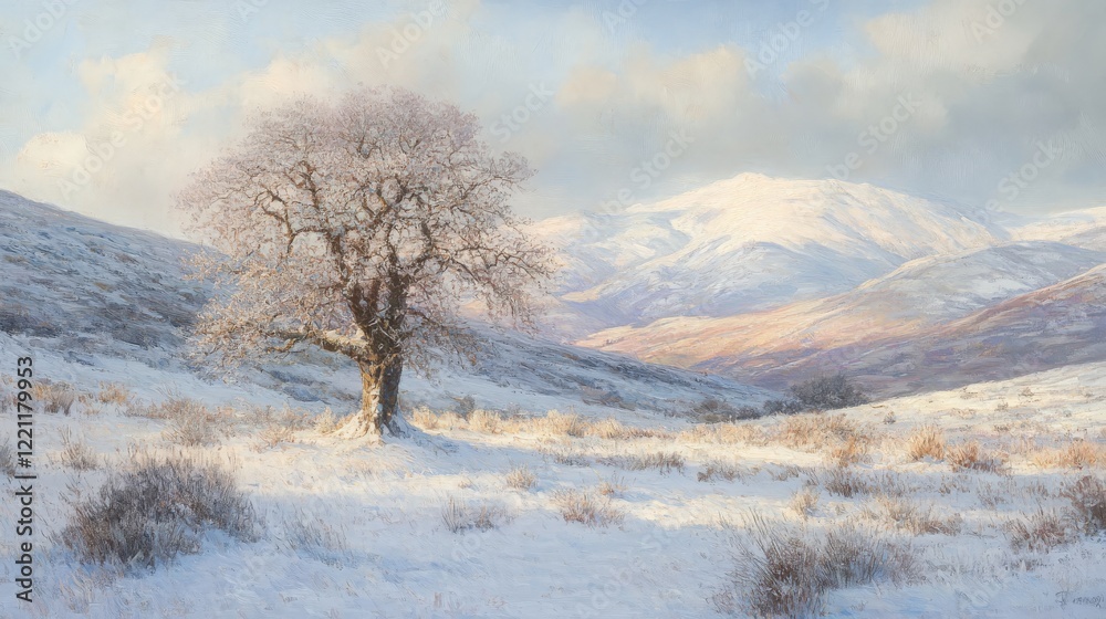 Serene Snowy Landscape with Lone Tree and Hills Serene Snowy Landscape with Lone Tree and Hills