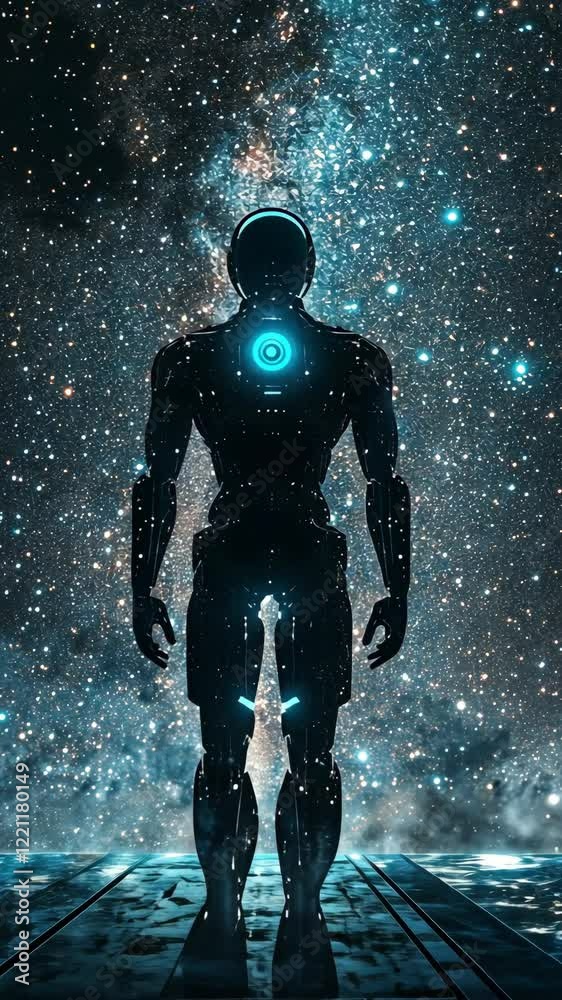 Silhouette of a humanoid robot gazing at a starry cosmos in a futuristic setting during nighttime Silhouette of a humanoid robot gazing at a starry cosmos in a futuristic setting during nighttime