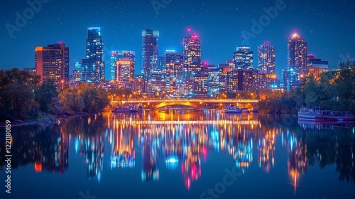 Night Cityscape Reflection Over Water with Bright Lights and Stars photo