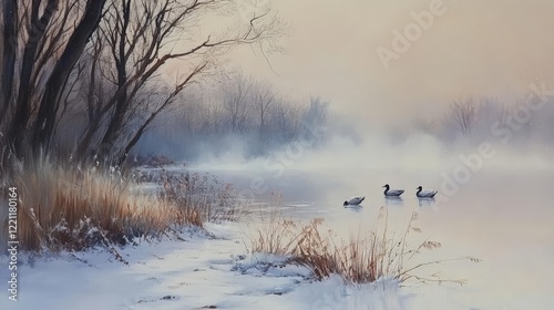 Serene Foggy Lake Under Diffused Light photo