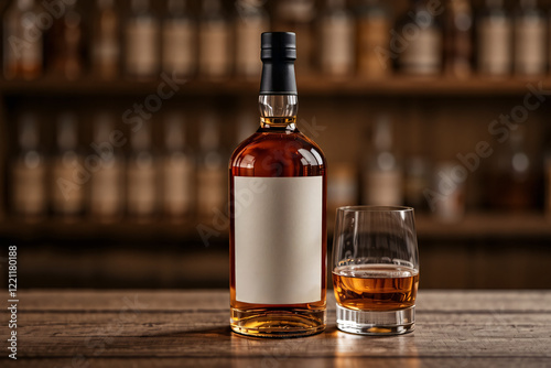 A mockup of a whiskey bottle displayed in an aesthetic setting, ideal for showcasing branding or label designs