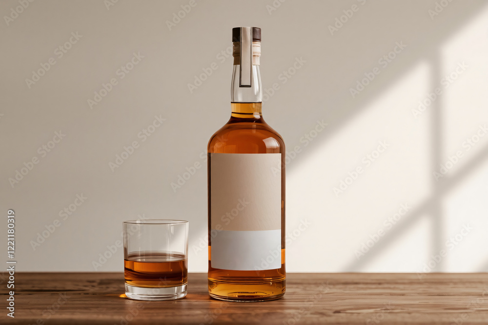 A mockup of a whiskey bottle displayed in an aesthetic setting, ideal for showcasing branding or label designs A mockup of a whiskey bottle displayed in an aesthetic setting, ideal for showcasing branding or label designs