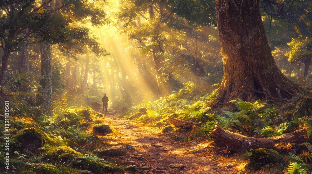 Serene Forest Pathway with Sunlight Streaming Through Trees