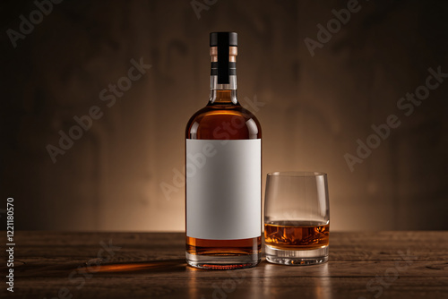 A mockup of a whiskey bottle displayed in an aesthetic setting, ideal for showcasing branding or label designs