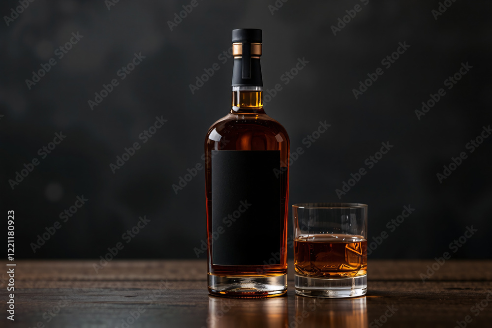 A mockup of a whiskey bottle displayed in an aesthetic setting, ideal for showcasing branding or label designs A mockup of a whiskey bottle displayed in an aesthetic setting, ideal for showcasing branding or label designs