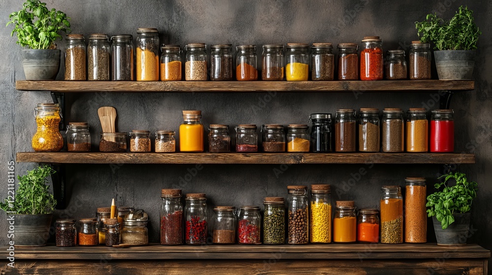 Colorful Shelf Display Featuring Various Jars Filled with Unique Ingredients Spices and Preserves Creating a Vibrant and Inviting Kitchen Atmosphere Ideal for Culinary Inspiration and Creativity Colorful Shelf Display Featuring Various Jars Filled with Unique Ingredients Spices and Preserves Creating a Vibrant and Inviting Kitchen Atmosphere Ideal for Culinary Inspiration and Creativity