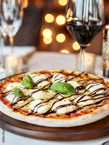 Wallpaper Mural Delicious Mozzarella Pizza with Balsamic Glaze - Close-up of a pizza topped with fresh mozzarella, basil, and balsamic glaze.  Served on a wooden board. Torontodigital.ca