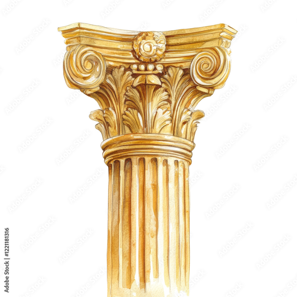 Obraz premium A detailed watercolor illustration depicts a golden Corinthian column showcasing intricate details of its capital and shaft.