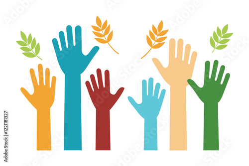 Silhouettes of Diverse Hands Raised Together Holding Symbols of Peace – Olive Branches, Candles, and Doves Unity, Harmony, and Multicultural Faith Representation Vector Illustration.