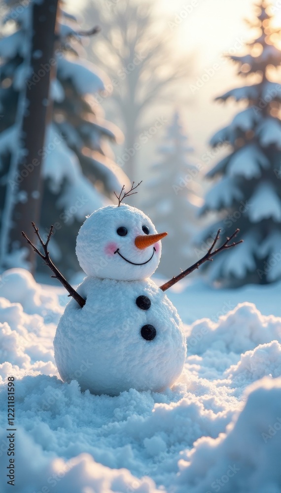 Frosty landscape with happy snowman standing alone in the middle of a serene winter scene, snowman, winter wonderland Frosty landscape with happy snowman standing alone in the middle of a serene winter scene, snowman, winter wonderland
