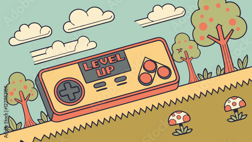 Retro style pixel art game background with level up button	vector illustration