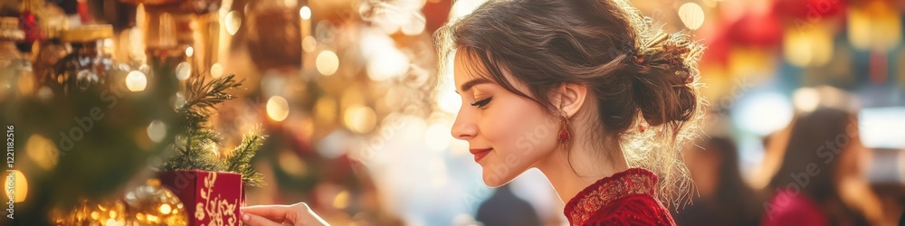 Enchanting Holiday Evening: A Young Woman Lost in Thought Amidst Twinkling Lights and Festive Decor at a Winter Event. Enchanting Holiday Evening: A Young Woman Lost in Thought Amidst Twinkling Lights and Festive Decor at a Winter Event.