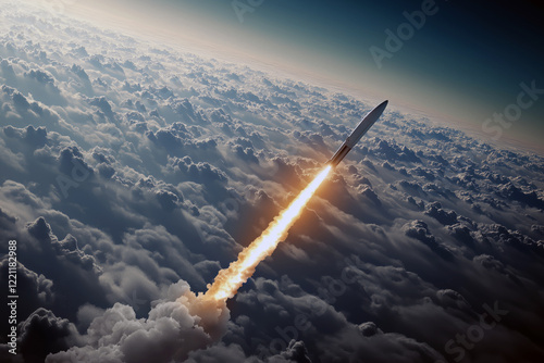 High-altitude perspective showing a rocket breaking through the clouds, leaving a trail of smoke and light. photo