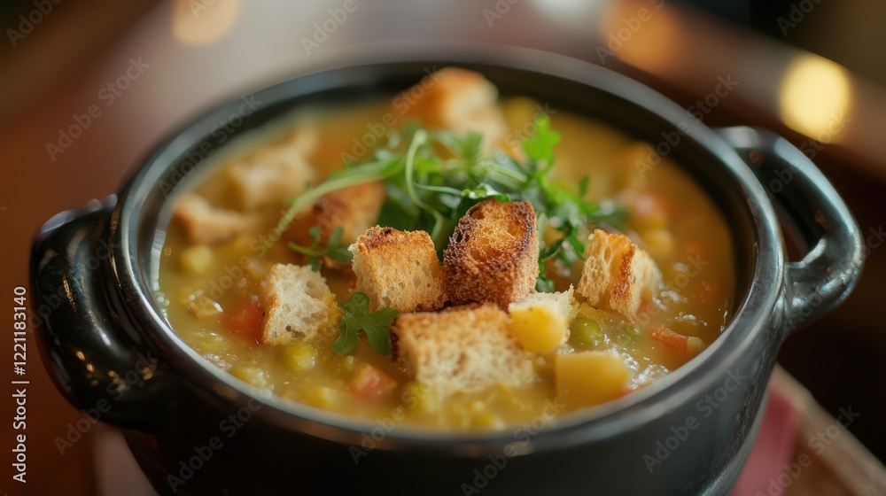 Hearty English pea soup with croutons Hearty English pea soup with croutons