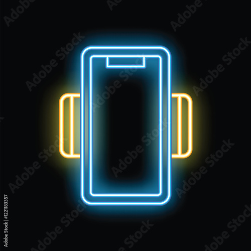 Glowing neon line smartphone with mobile phone holder for bike icon isolated on black background vector illustration