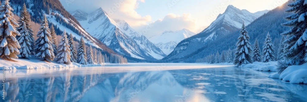 Ice skating rink in a frozen lake surrounded by snow-covered trees and mountains, tree, winter sports Ice skating rink in a frozen lake surrounded by snow-covered trees and mountains, tree, winter sports