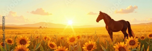 Horse head vector silhouette standing in a field with wheat and sunflowers, fields, horse