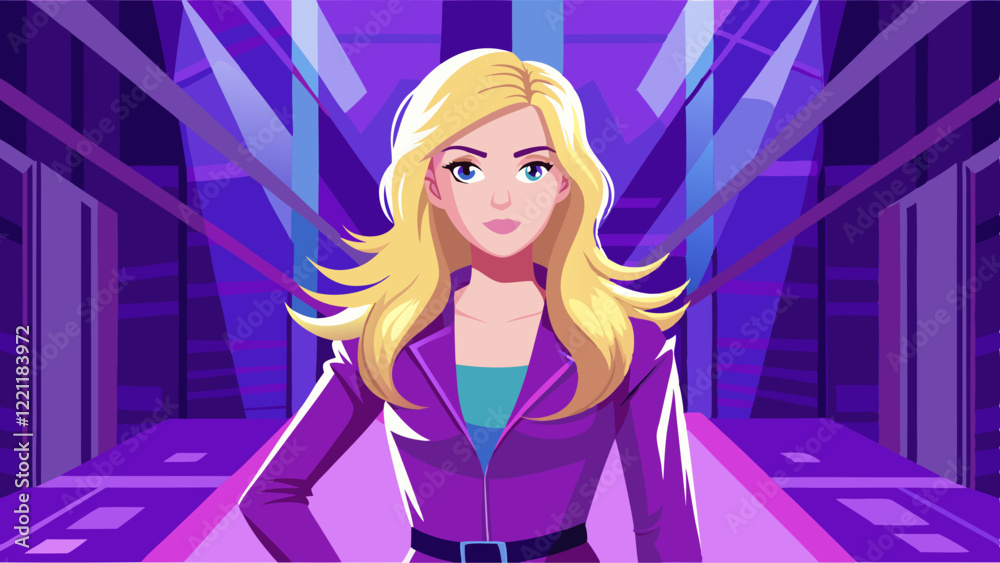 A young blond woman in violet clothing stands against a solid violet background. Studio. Isolated violet background. A young blond woman in violet clothing stands against a solid violet background. Studio. Isolated violet background.