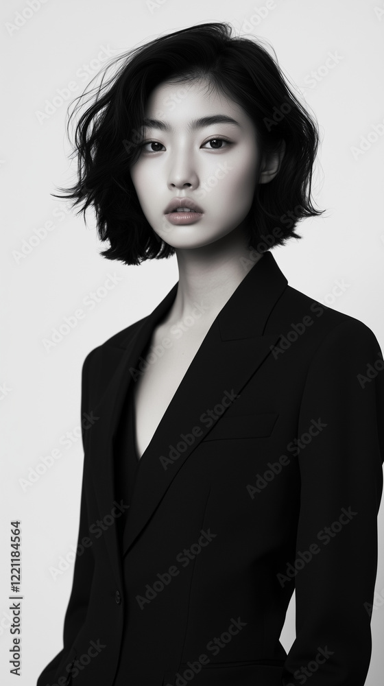 Professional Asian businesswoman posing in crisp black suit jacket, studio portrait highlighting confident corporate demeanor Professional Asian businesswoman posing in crisp black suit jacket, studio portrait highlighting confident corporate demeanor