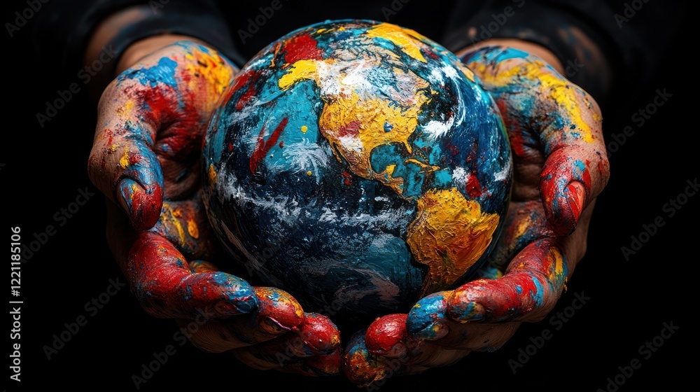 Naklejka premium Painted hands hold Earth globe; global awareness; dark background; environmental concept