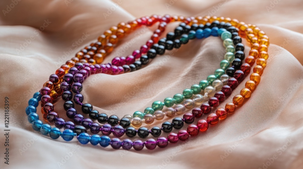 Collection of colorful beaded necklaces on a smooth peach fabric background Collection of colorful beaded necklaces on a smooth peach fabric background