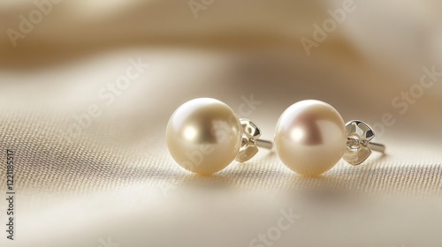 Elegant pearl stud earrings displayed on a luxurious satin fabric surface in a soft light