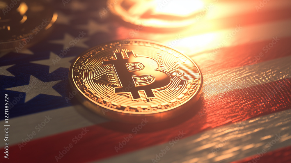 Bitcoin laying on an american flag, representing cryptocurrency investment and the future of finance in the USA