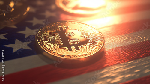 Obraz na płótnie Bitcoin laying on an american flag, representing cryptocurrency investment and the future of finance in the USA w salonie