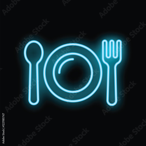 Glowing blue neon sign showing the classic symbol of a fork, plate, and spoon on a black background