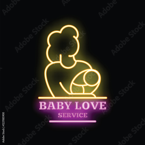 Neon sign for baby love service featuring a woman holding a baby, perfect for businesses