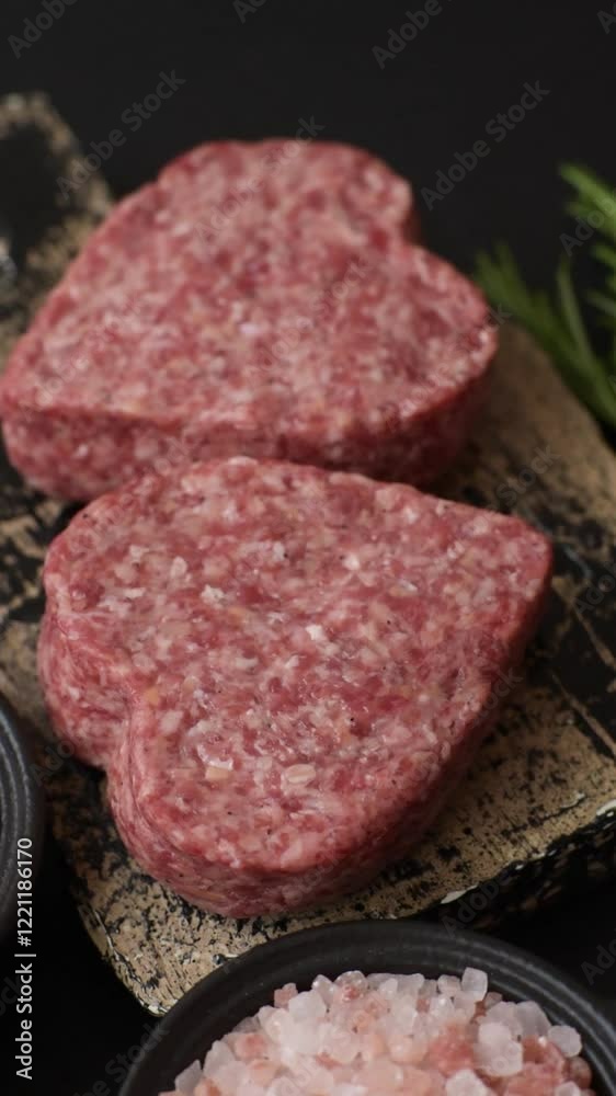 Raw beef or pork burger patty in the shape of a heart with salt, spices and herbs Raw beef or pork burger patty in the shape of a heart with salt, spices and herbs