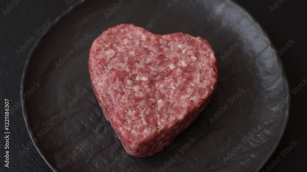 Raw beef or pork burger patty in the shape of a heart with salt, spices and herbs