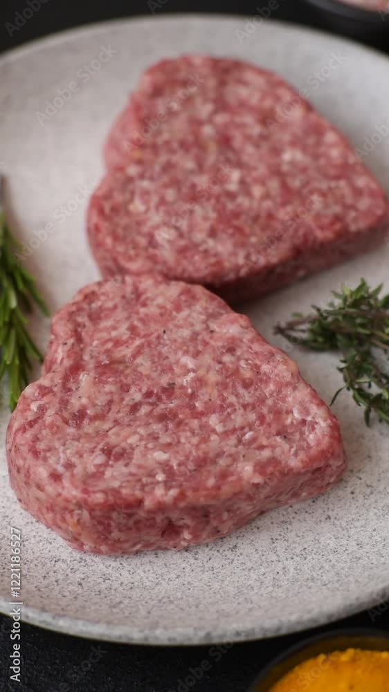 Raw beef or pork burger patty in the shape of a heart with salt, spices and herbs Raw beef or pork burger patty in the shape of a heart with salt, spices and herbs