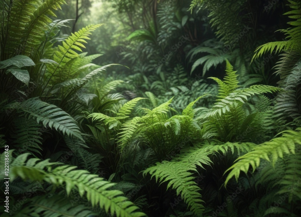 Fototapeta premium Dense cluster of ferns amidst tropical foliage, tropical, lush