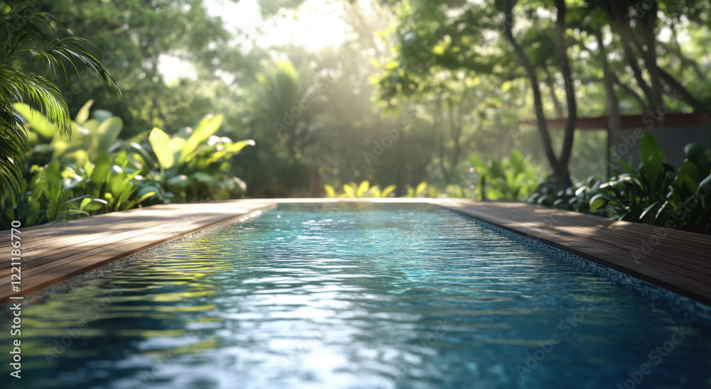Serenity of an outdoor swimming pool surrounded by lush greenery in a tranquil setting Serenity of an outdoor swimming pool surrounded by lush greenery in a tranquil setting