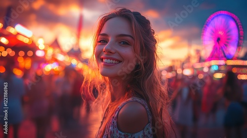 Fototapeta Naklejka Na Ścianę i Meble -  A group of friends enjoying a festival ferris wheel ride during sunset