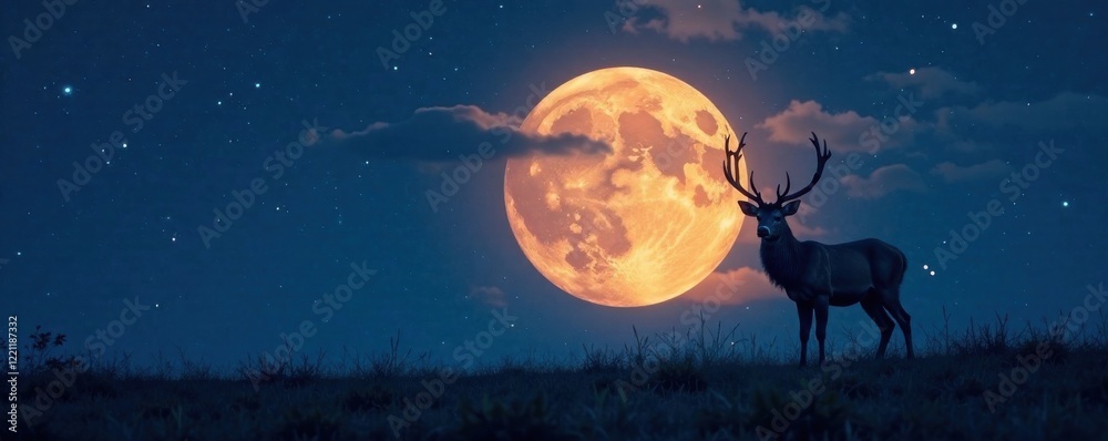 Naklejka premium Silhouette of deer against moonlit night sky , wilderness, silhouette