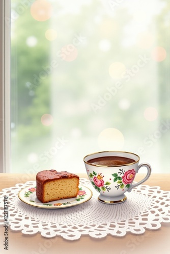 Wallpaper Mural A delicate coffee cup with floral patterns sits on a lace tablecloth, beside a slice of homemade cake. Soft afternoon light filters through the window, enhancing the charming scene Torontodigital.ca