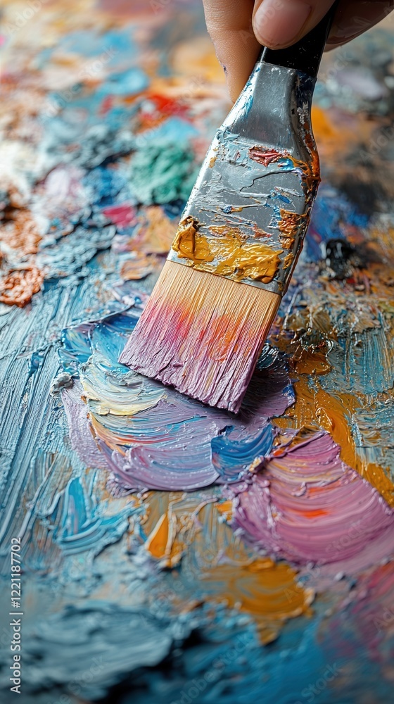 Close-up of a paintbrush mixing colorful oil paints on canvas. Close-up of a paintbrush mixing colorful oil paints on canvas.