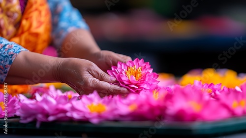 Woman's Hands Carefully Arranging Vibrant Pink and Yellow Lotus Flowers photo