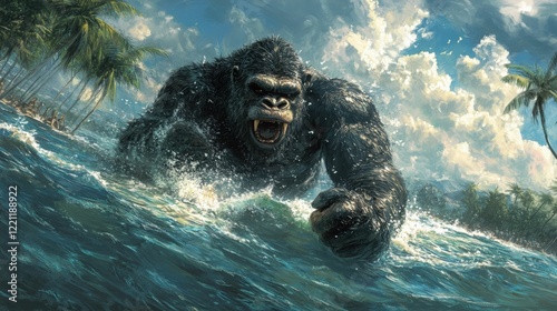 Raging Gorilla Emerges from Ocean, Tropical Island Backdrop, Epic Scene, Generated AI photo