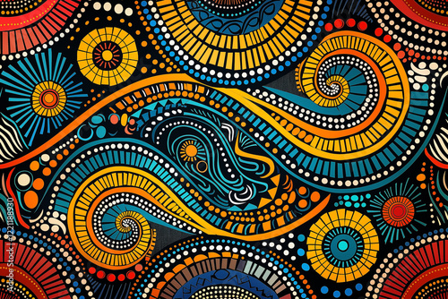 Abstract background, ornament, ethnic pattern, African yellow, blue, orange