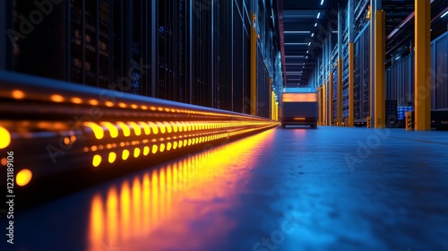 Low angle view of a server room interior with glowing orange lights reflecting on a polished floor. The dark background and blue hued floor create a dramatic effect. photo