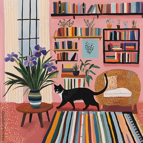 painting of a cat walking in a room with a chair and a table