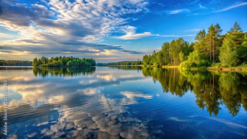 Serene lake scene with a gentle wave on the water's surface reflecting the surrounding trees and sky, creating a sense of peacefulness and tranquility , lake, water Serene lake scene with a gentle wave on the water's surface reflecting the surrounding trees and sky, creating a sense of peacefulness and tranquility , lake, water