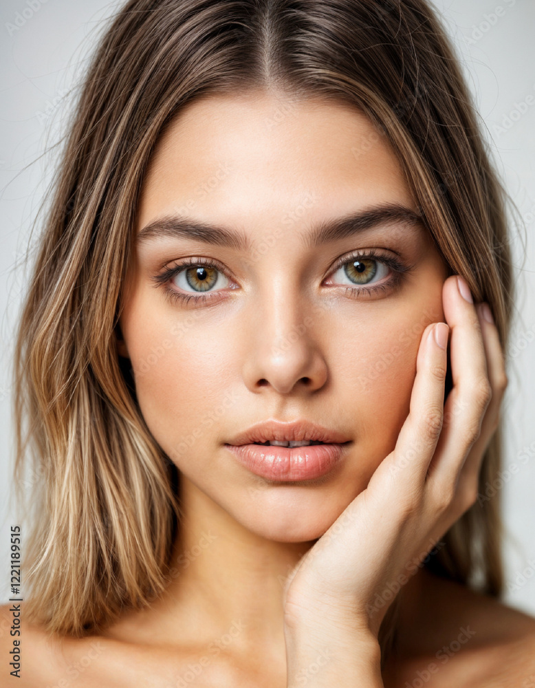 Fototapeta premium Young woman with green eyes looking at camera against light background