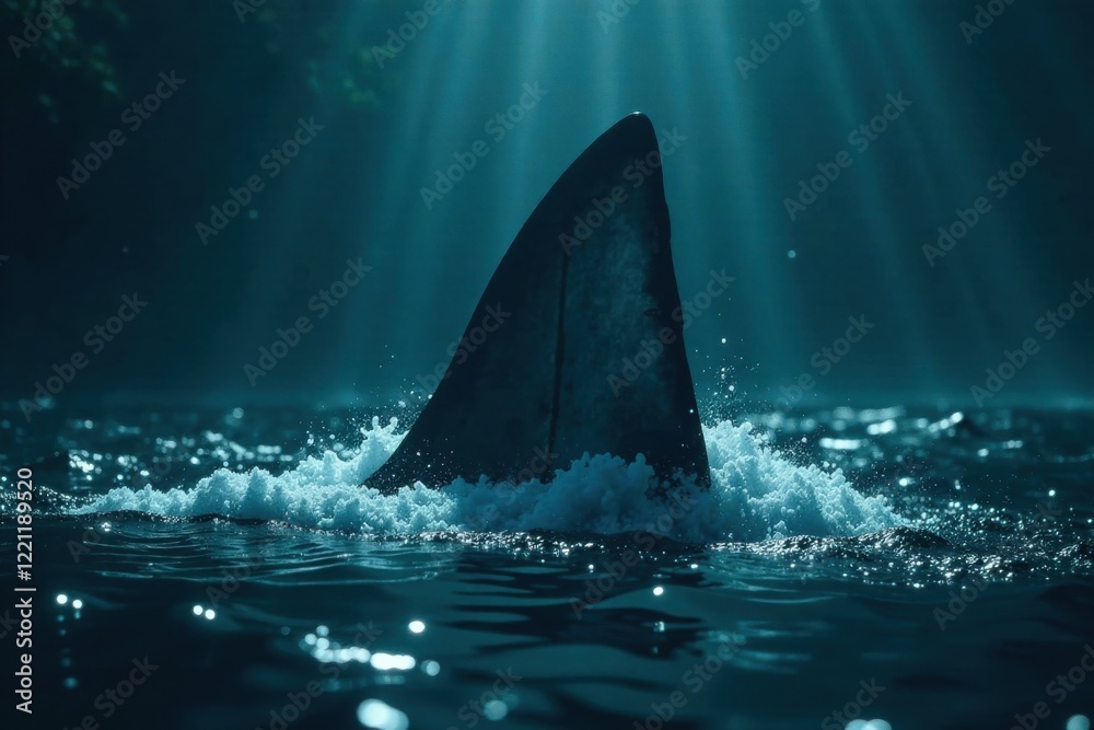 Fototapeta premium massive shark fin piercing through dark waters, ocean, marine life