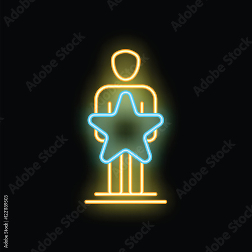 Neon sign of a person holding a big star, concept for customer feedback and reviews